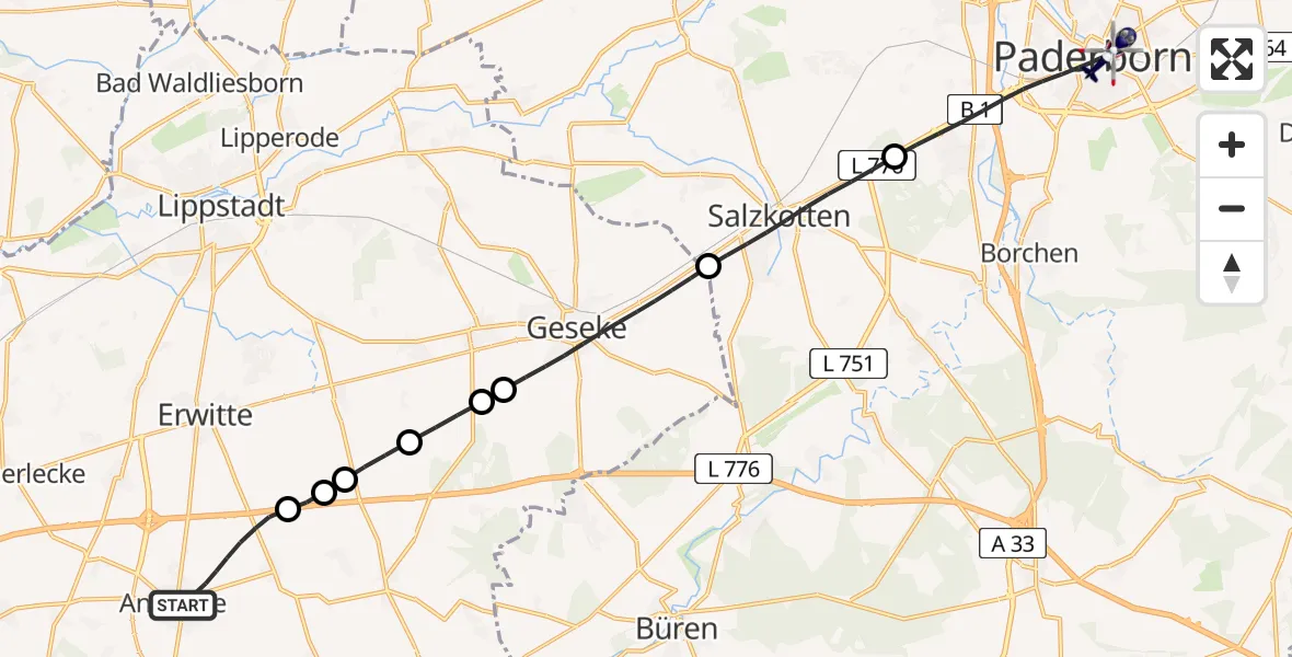 Flugroute Polizeihubschrauber Anröchte - Paderborn, 28 April 2026, 08:46