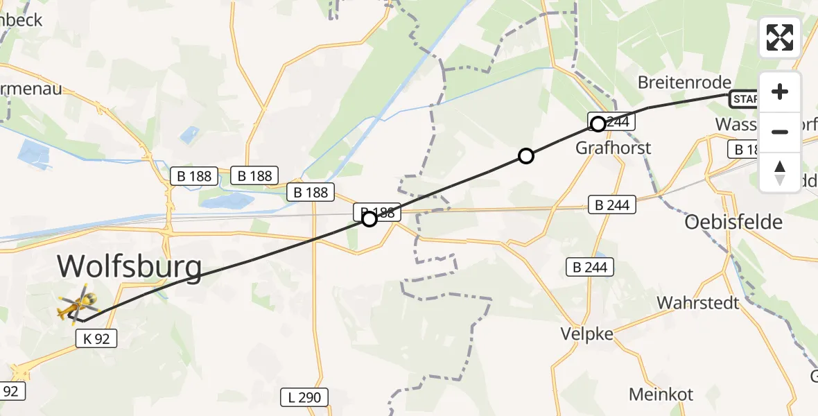 Flugroute Rettungshubschrauber Oebisfelde-Weferlingen - Wolfsburg, 28 April 2026, 08:58
