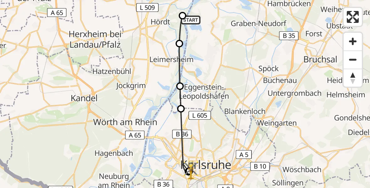 Flugroute Rettungshubschrauber Dettenheim - Sankt Vincentius Hospital, 28 April 2026, 08:59