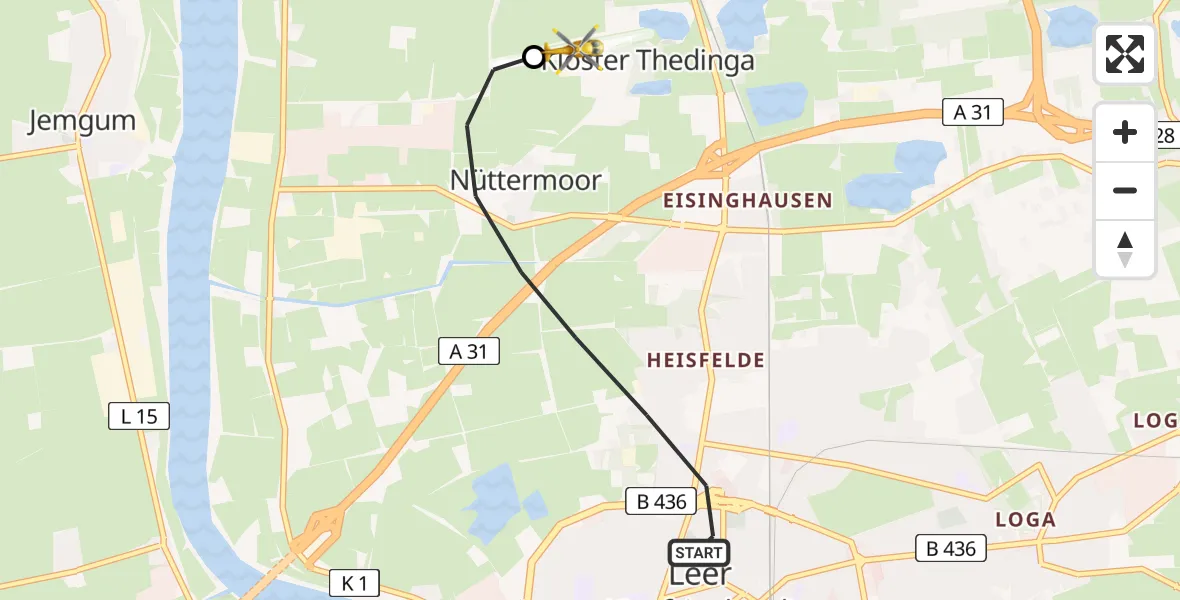 Flugroute Ambulanzhubschrauber Leer (Ostfriesland) - Flugplatz Leer-Papenburg, 28 April 2026, 09:04