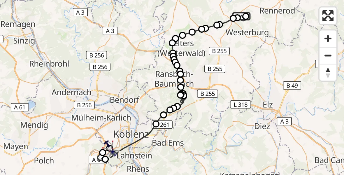 Flugroute Polizeihubschrauber Ailertchen - Koblenz-Winningen Flugplatz, 28 April 2026, 09:07