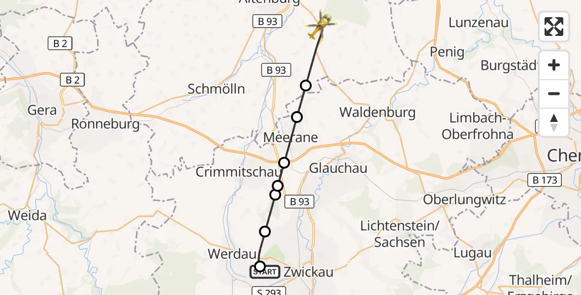 Flugroute Rettungshubschrauber ADAC Air Rescue Station Zwickau Hubschrauberlandeplatz - Nobitz, 28 April 2026, 09:09