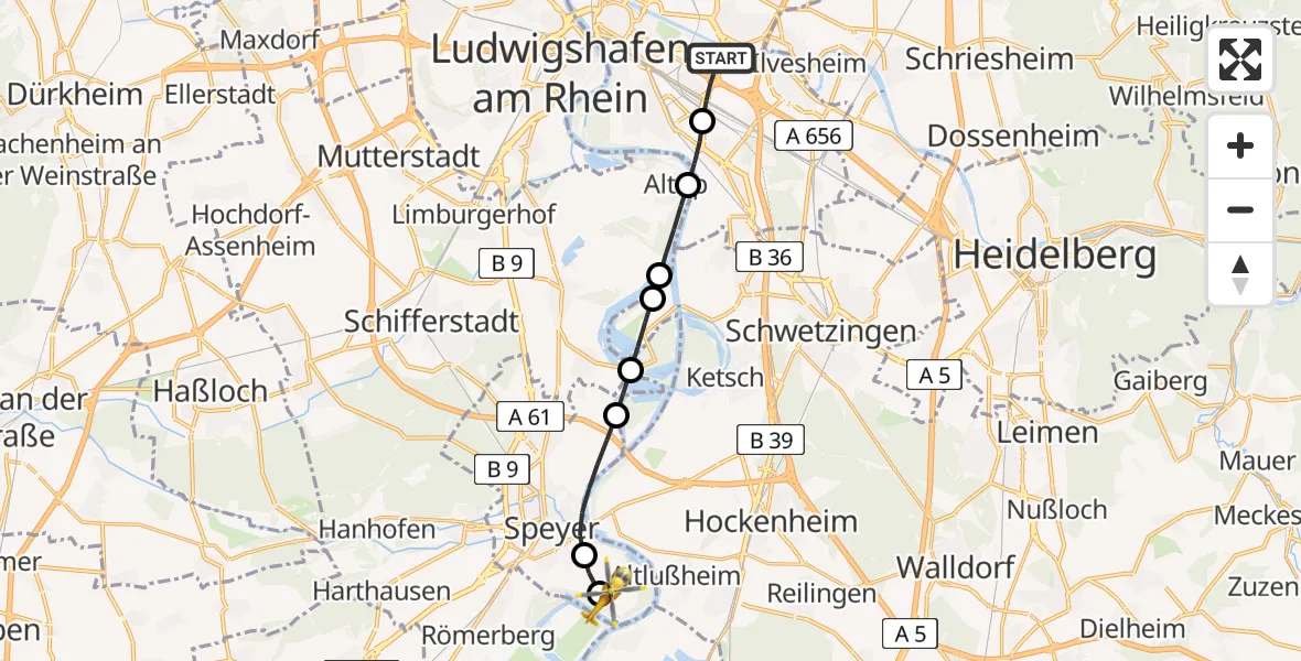 Flugroute Rettungshubschrauber Mannheim-City Flughafen - Speyer, 28 April 2026, 09:10