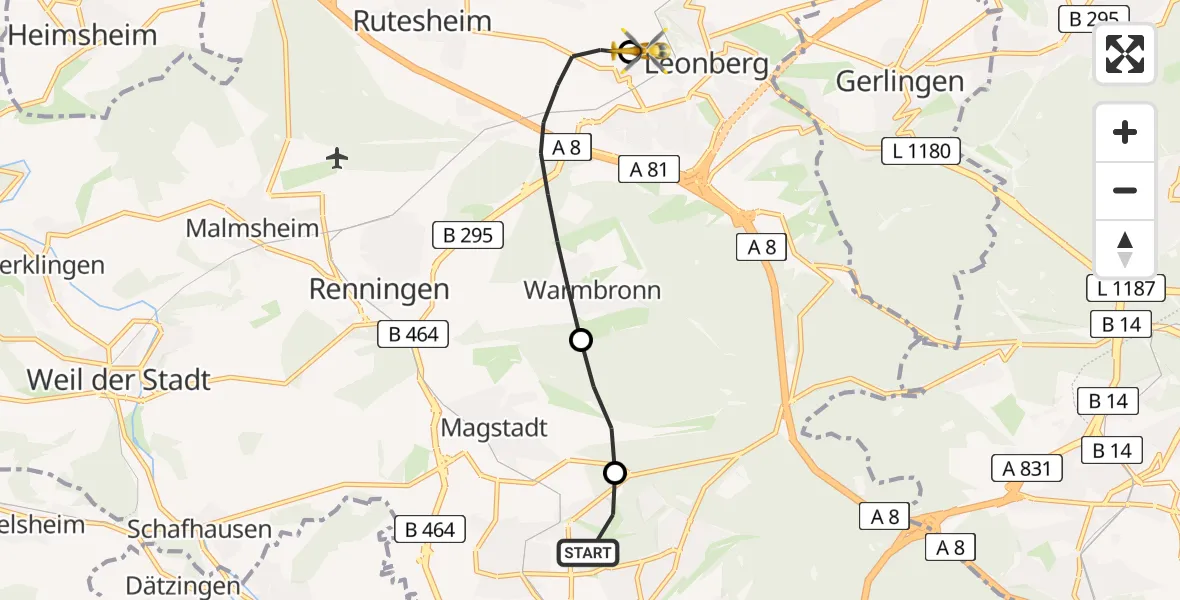 Flugroute Rettungshubschrauber Sindelfingen - Leonberg Hospital, 28 April 2026, 09:12