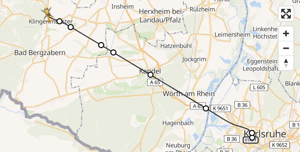 Flugroute Rettungshubschrauber Sankt Vincentius Hospital - Klingenmünster, 28 April 2026, 09:14