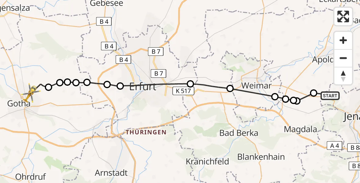 Flugroute Rettungshubschrauber Jena - Gotha, 28 April 2026, 09:15