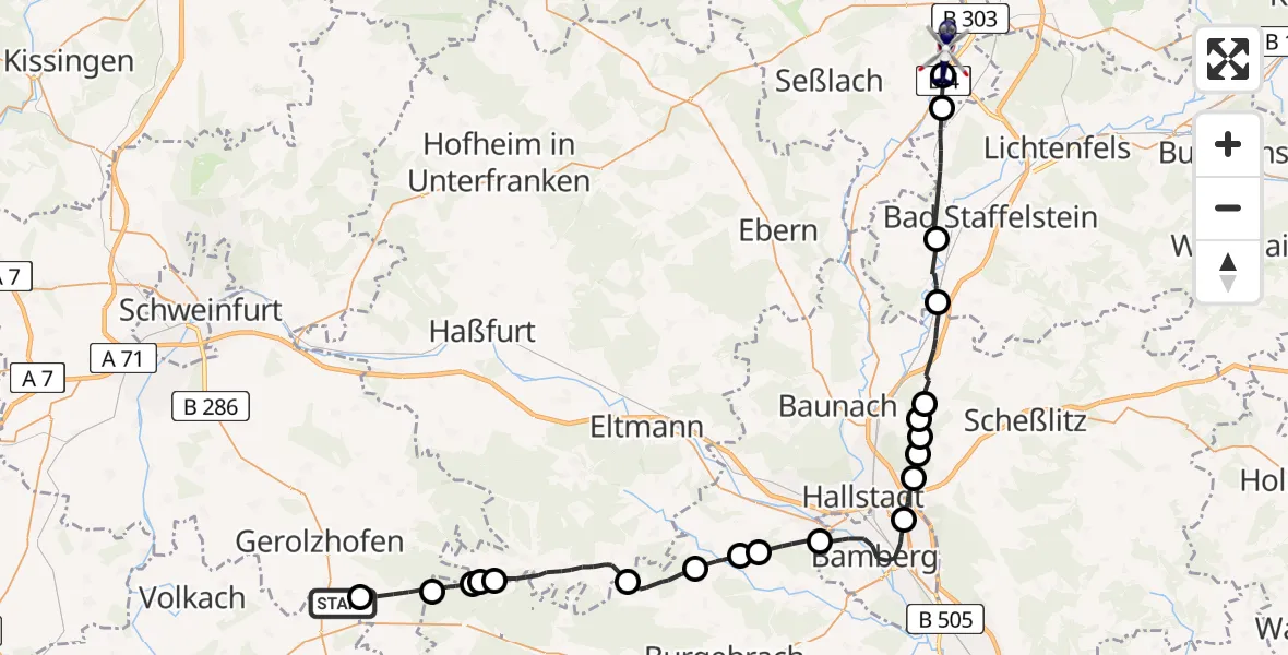 Flugroute Polizeihubschrauber Prichsenstadt - Untersiemau, 28 April 2026, 09:16