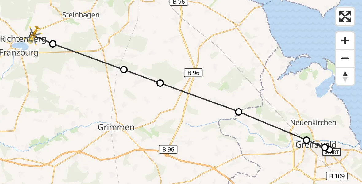 Flugroute Rettungshubschrauber Greifswald Hospital - Richtenberg, 28 April 2026, 09:17