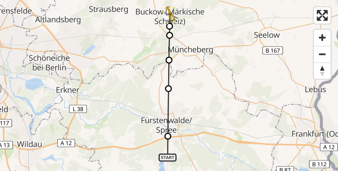 Flugroute Rettungshubschrauber Bad Saarow - Buckow (Märkische Schweiz), 28 April 2026, 09:26