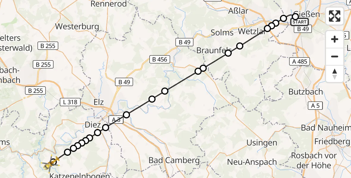 Flugroute Rettungshubschrauber Gießen - Attenhausen, 28 April 2026, 09:27