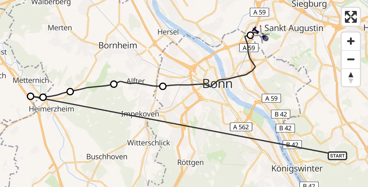 Flugroute Polizeihubschrauber Königswinter - Sankt Augustin, 28 April 2026, 09:30