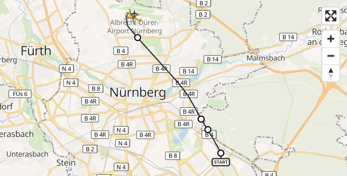 Flugroute Ambulanzhubschrauber Nürnberg South Hospital - Flughafen Nuremberg, 28 April 2026, 09:39