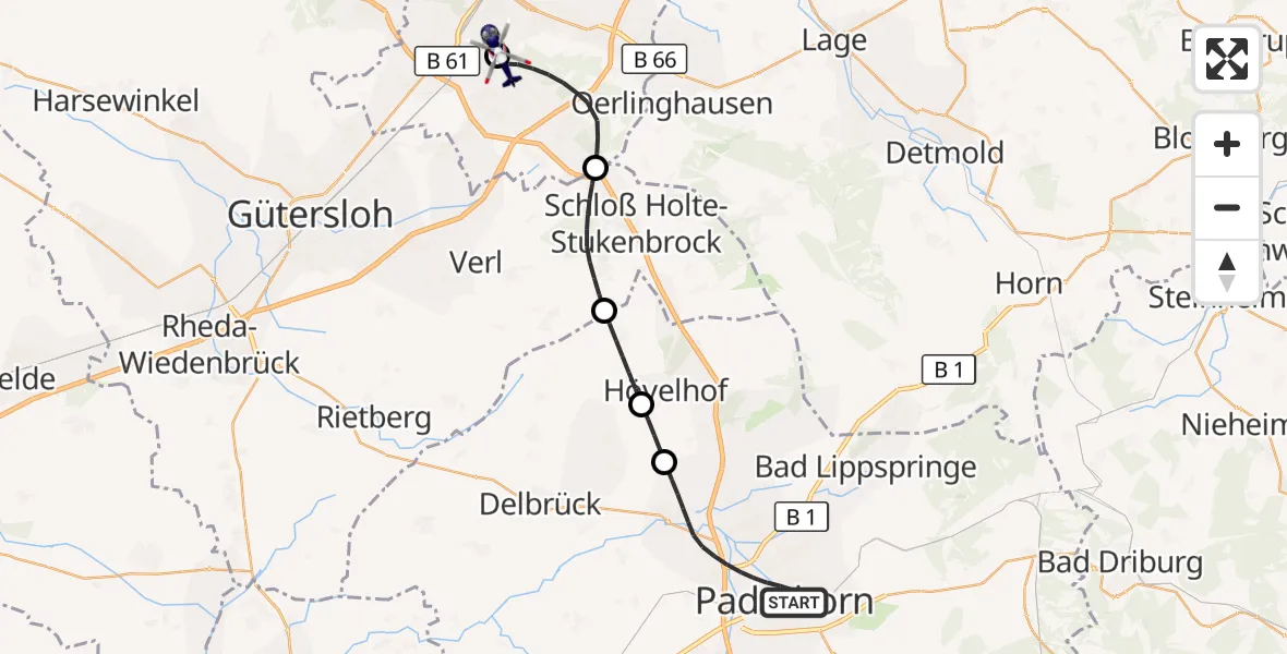 Flugroute Polizeihubschrauber Paderborn - Luftrettungszentrum Bielefeld, 28 April 2026, 09:48