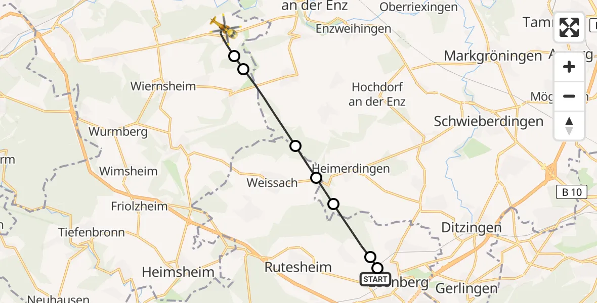 Flugroute Rettungshubschrauber Leonberg Hospital - Mühlacker, 28 April 2026, 09:51