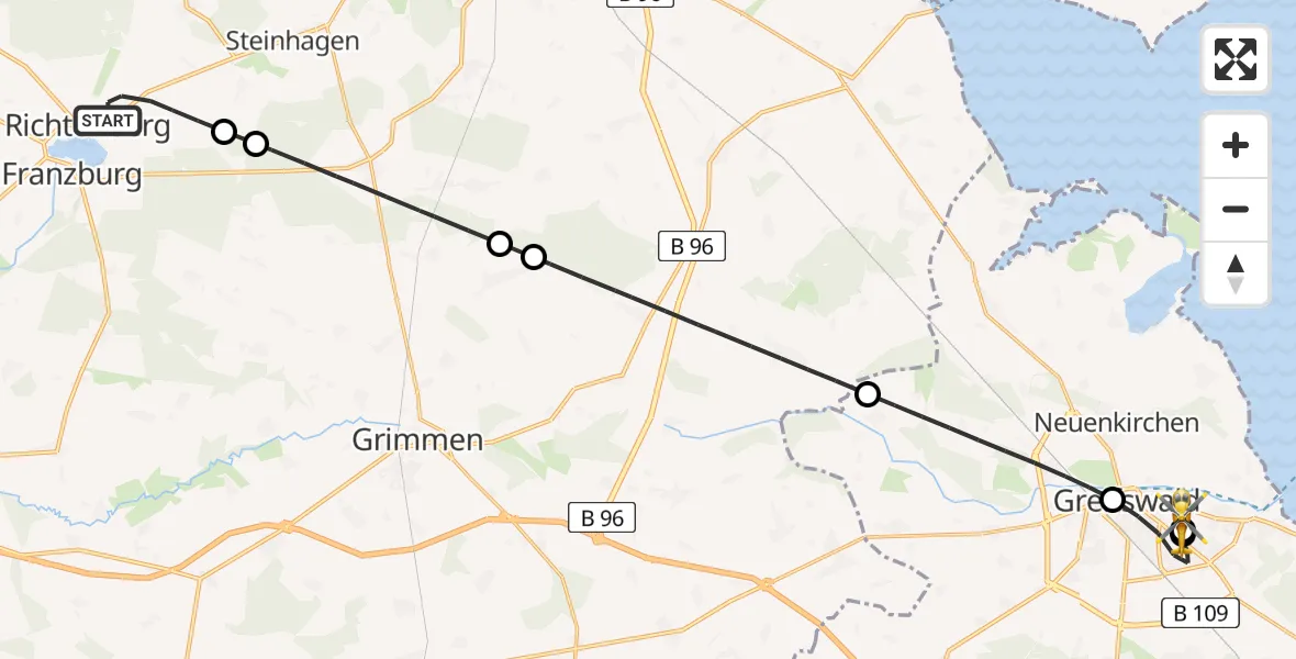 Flugroute Rettungshubschrauber Richtenberg - Greifswald Hospital, 28 April 2026, 09:52