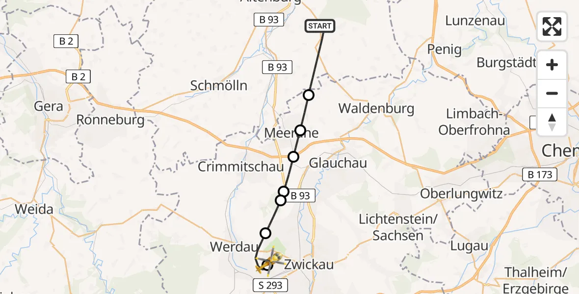 Flugroute Rettungshubschrauber Nobitz - ADAC Air Rescue Station Zwickau Hubschrauberlandeplatz, 28 April 2026, 09:54