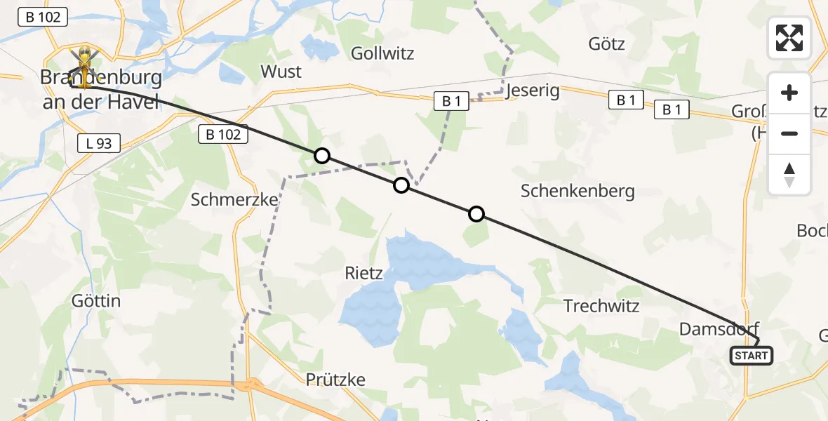 Flugroute Rettungshubschrauber Kloster Lehnin - Brandenburg an der Havel, 28 April 2026, 09:55