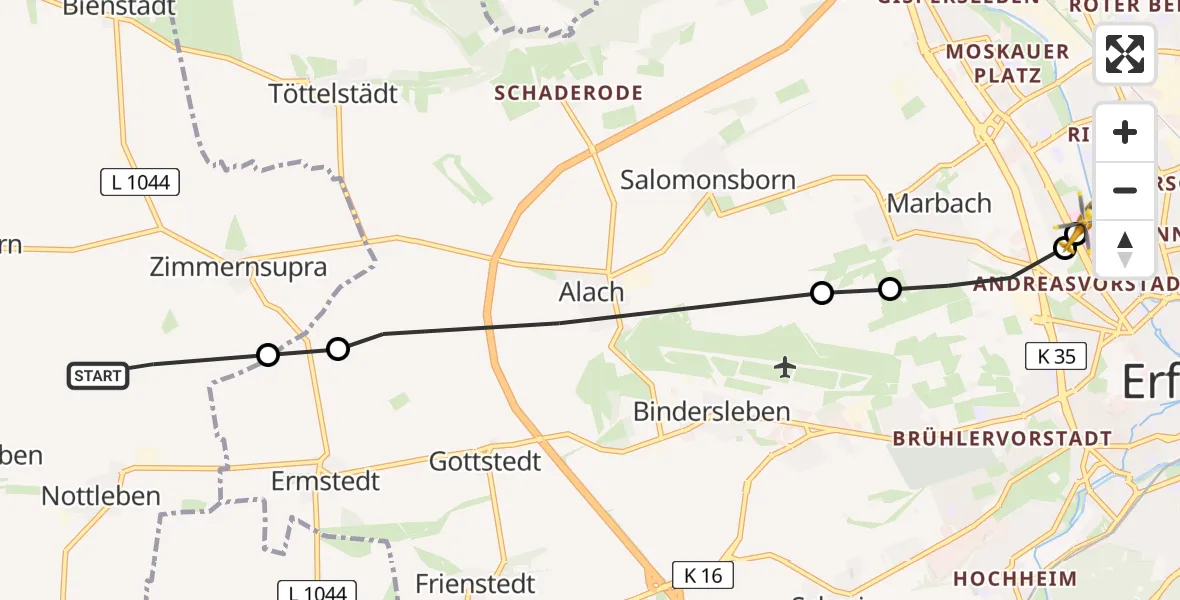 Flugroute Rettungshubschrauber Nottleben - Helios Clinic Erfurt, 28 April 2026, 10:00