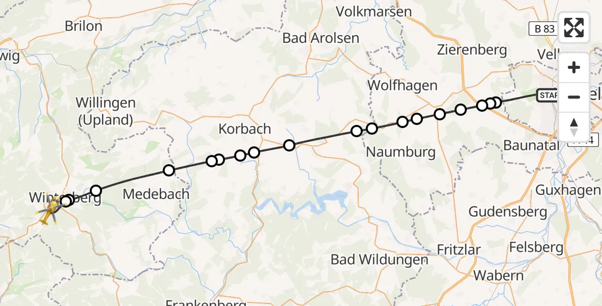 Flugroute Rettungshubschrauber Kassel - Winterberg, 28 April 2026, 10:00