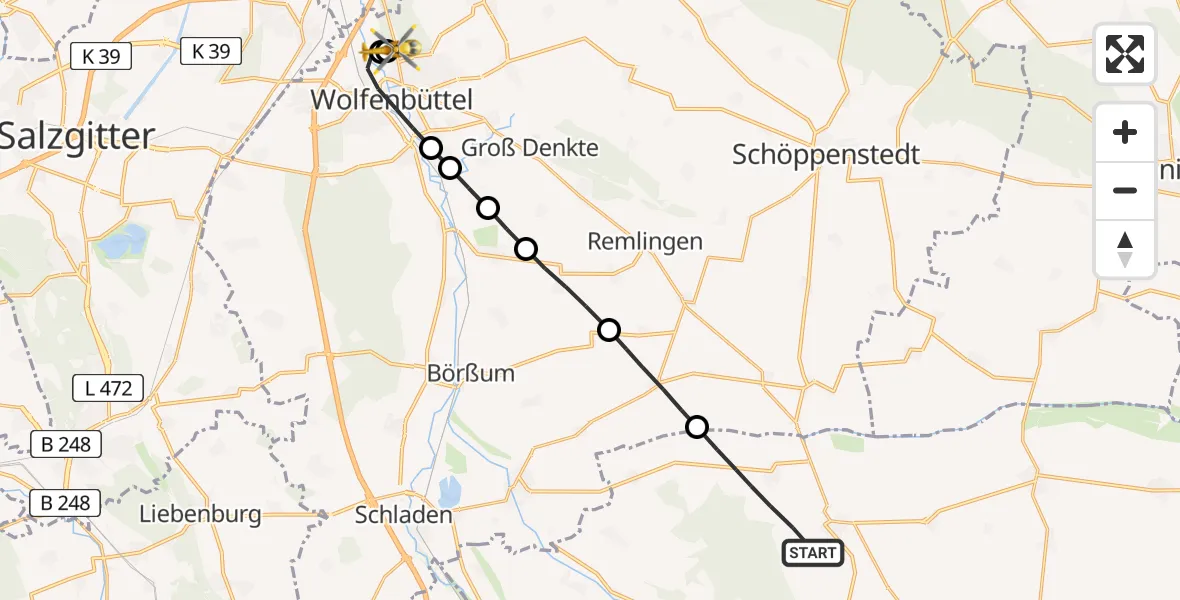 Flugroute Rettungshubschrauber Osterwieck - Wolfenbüttel Municipal Hospital Heliport (Christoph 30), 28 April 2026, 10:00
