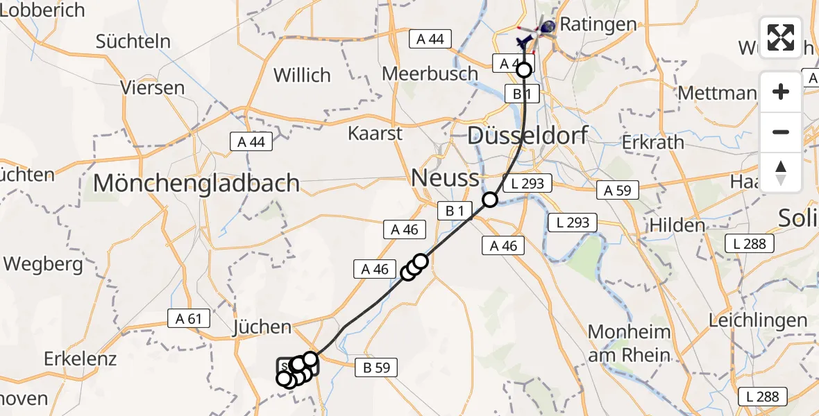 Flugroute Polizeihubschrauber Grevenbroich - Düsseldorf Flughafen, 28 April 2026, 10:00