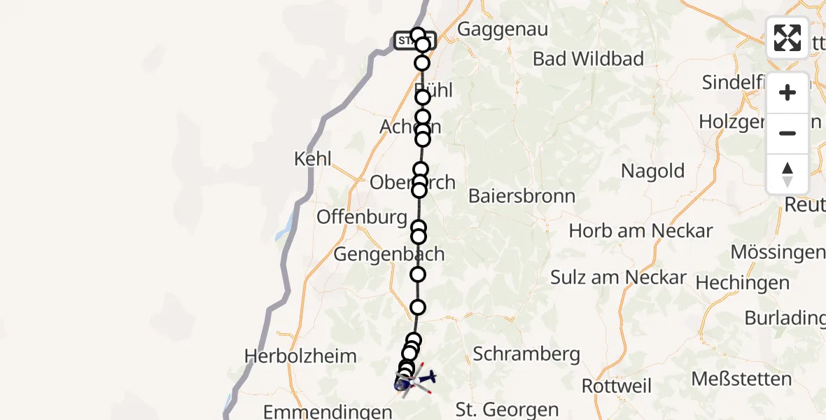 Flugroute Polizeihubschrauber Karlsruhe Baden-Baden Flughafen - Elzach, 28 April 2026, 10:02