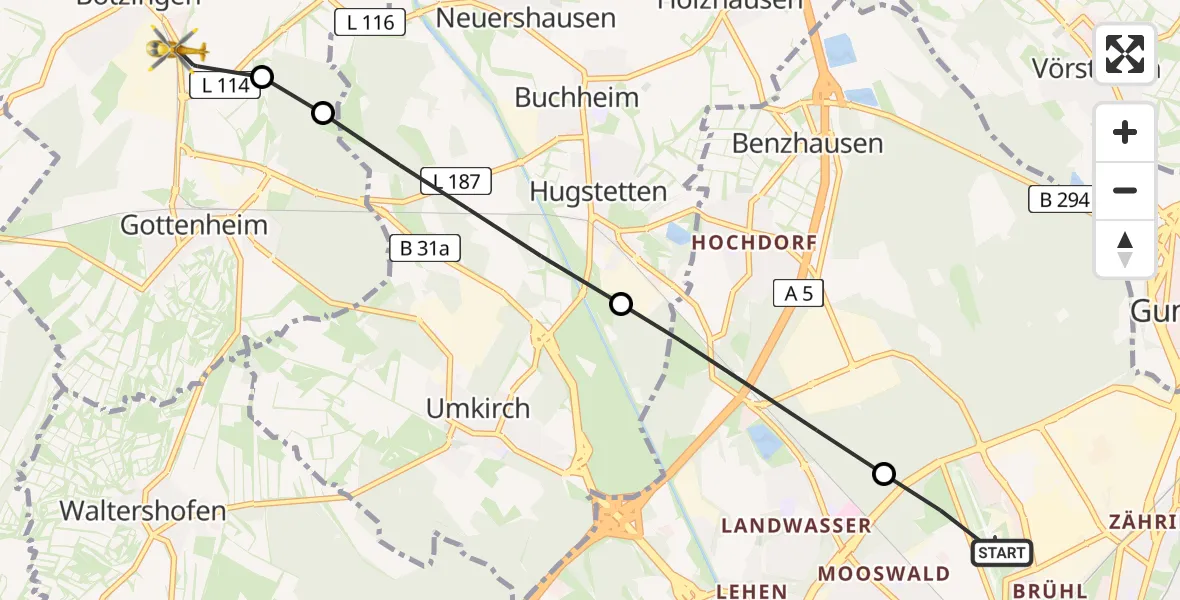 Flugroute Rettungshubschrauber Freiburg im Breisgau Flugplatz - Bötzingen, 28 April 2026, 10:03