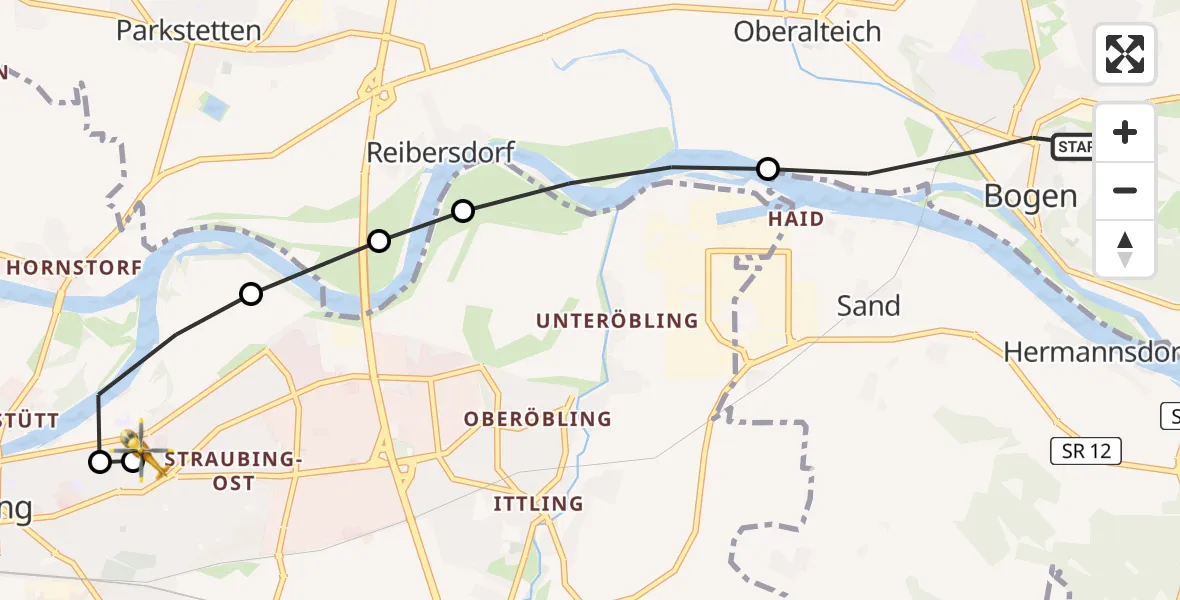 Flugroute Rettungshubschrauber Bogen - Sankt Elisabeth Hospital Straubing, 28 April 2026, 10:05