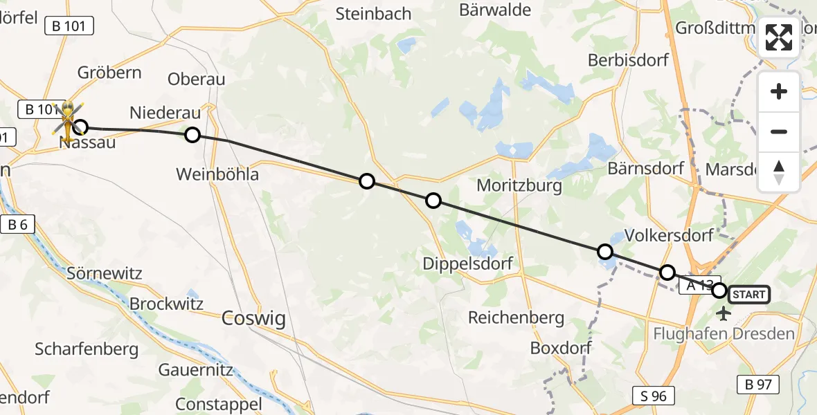 Flugroute Rettungshubschrauber Dresden Bundespolizei Hubschrauberlandeplatz - Meißen, 28 April 2026, 10:07