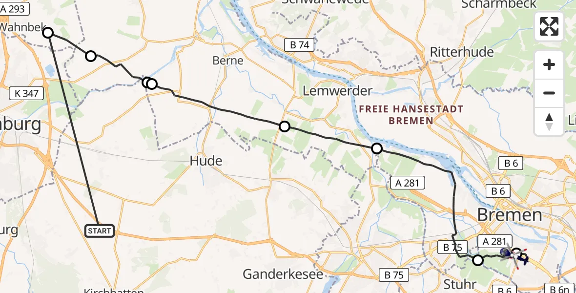 Flugroute Polizeihubschrauber Hatten - Bremen, 28 April 2026, 10:14