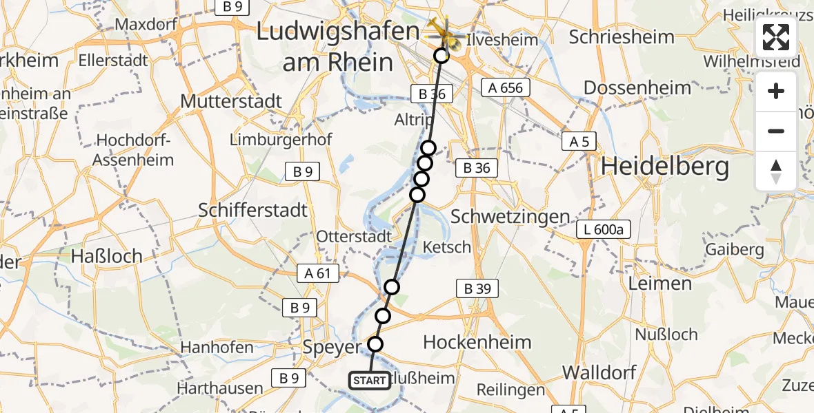 Flugroute Rettungshubschrauber Speyer - Mannheim-City Flughafen, 28 April 2026, 10:15