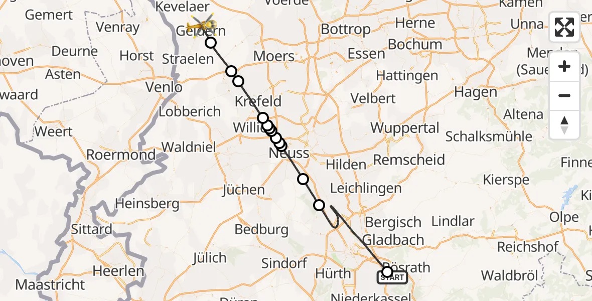 Flugroute Ambulanzhubschrauber Köln Bonn Flughafen - Geldern, 28 April 2026, 10:16