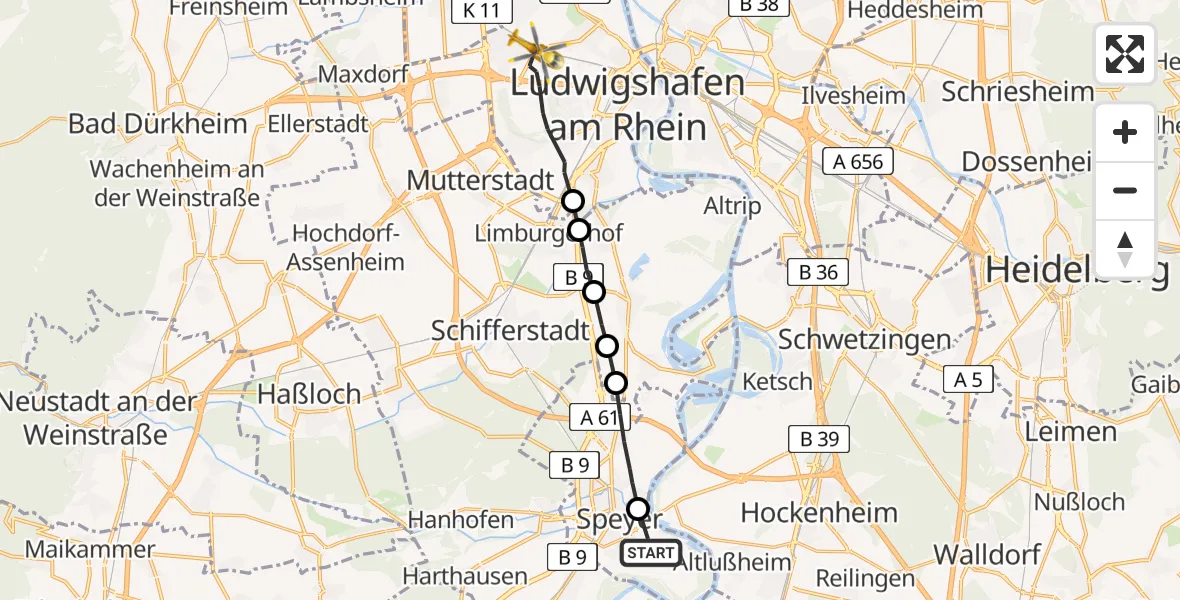 Flugroute Rettungshubschrauber Speyer Flugplatz - Ludwigshafen Accident Hospital Hubschrauberlandeplatz, 28 April 2026, 10:24