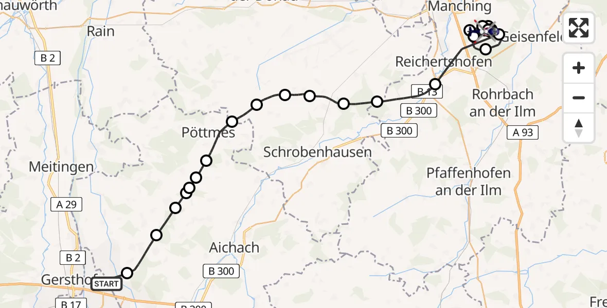 Flugroute Polizeihubschrauber Augsburg Flughafen - Reichertshofen, 28 April 2026, 10:25