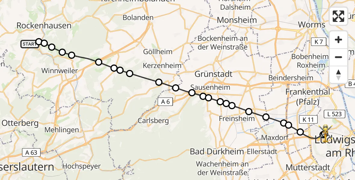 Flugroute Rettungshubschrauber Imsweiler UL - Ludwigshafen Accident Hospital, 28 April 2026, 10:33