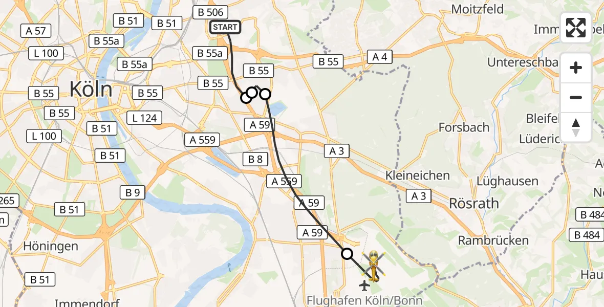 Flugroute Rettungshubschrauber Köln - Köln Bonn Flughafen, 28 April 2026, 10:34