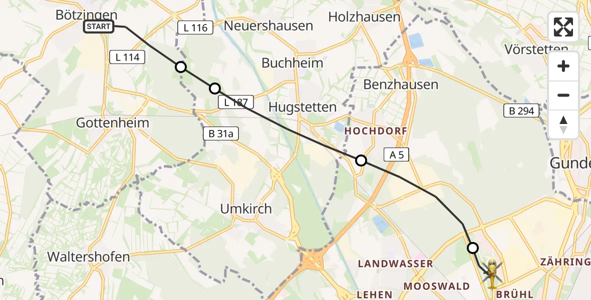 Flugroute Rettungshubschrauber Bötzingen - Freiburg im Breisgau Flugplatz, 28 April 2026, 10:34