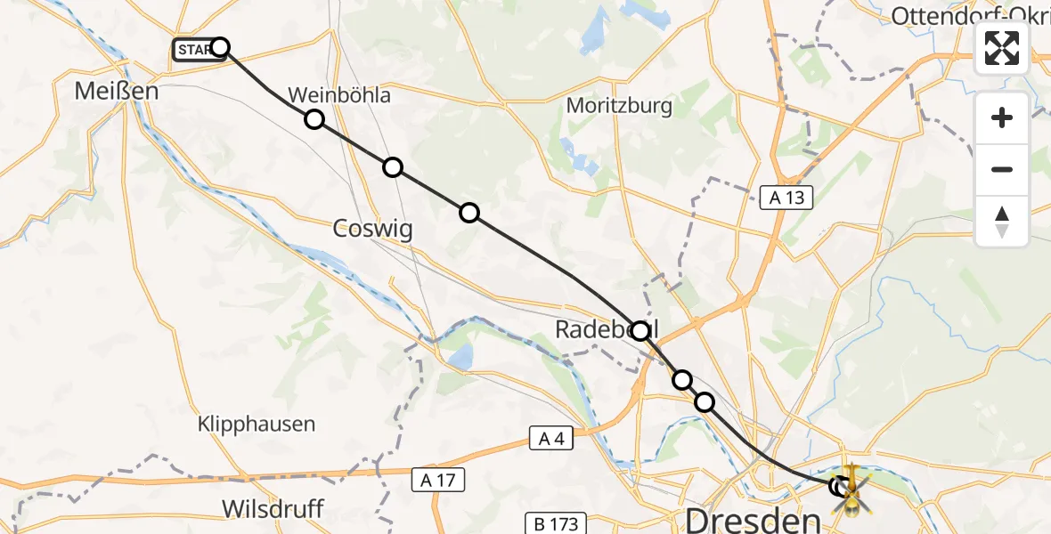 Flugroute Rettungshubschrauber Meißen - Dresden University Hospital, 28 April 2026, 10:36