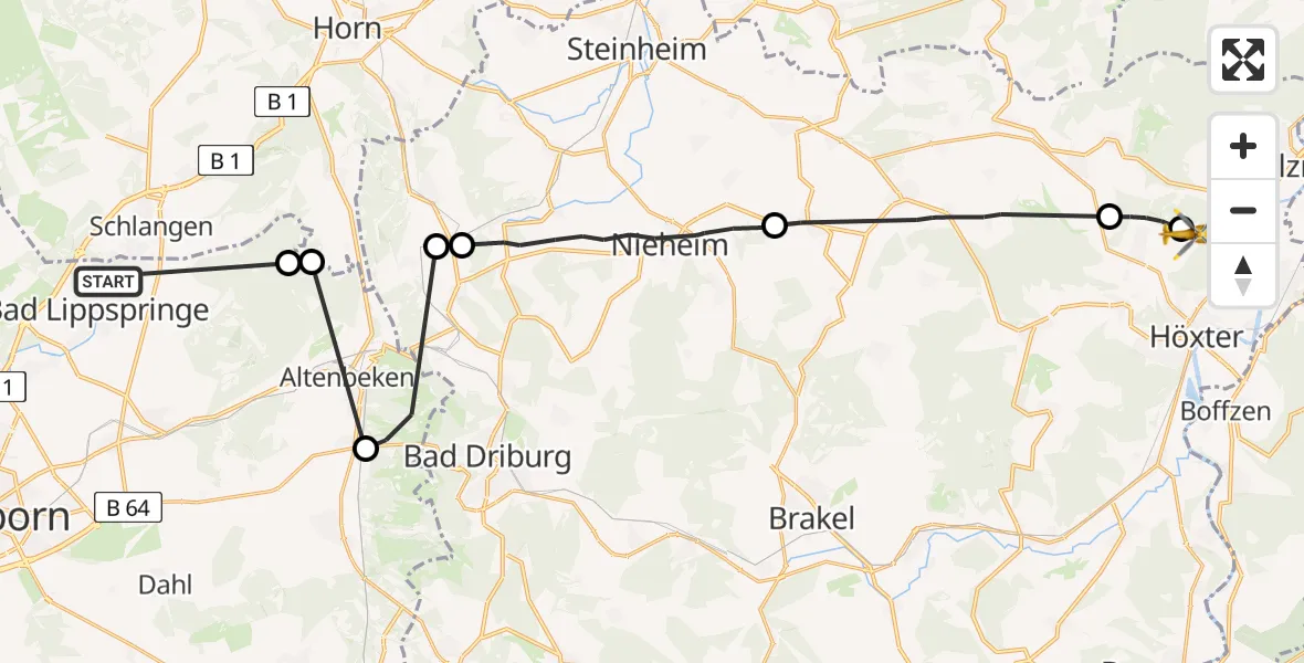 Flugroute Ambulanzhubschrauber Bad Lippspringe - Höxter-Holzminden Flugplatz, 28 April 2026, 10:39