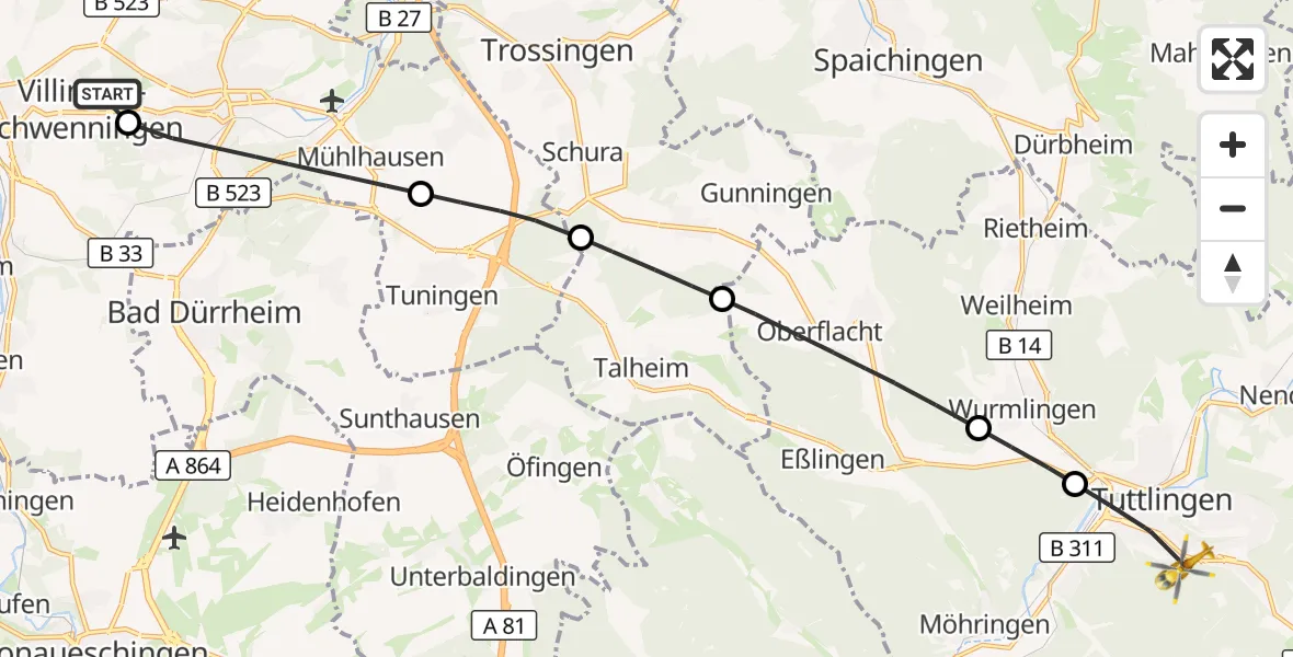 Flugroute Rettungshubschrauber DRF Air Rescue Station Villingen-Schwenningen Hubschrauberlandeplatz (Christoph 11) - Tuttlingen, 28 April 2026, 10:39