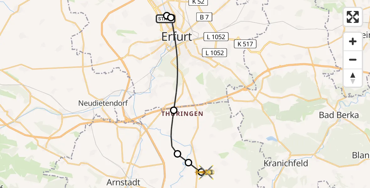 Flugroute Rettungshubschrauber Helios Clinic Erfurt - Arnstadt-Alkersleben Flugplatz, 28 April 2026, 10:40