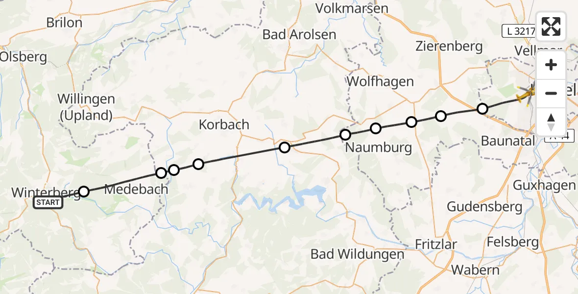 Flugroute Rettungshubschrauber Winterberg - Kassel, 28 April 2026, 10:45