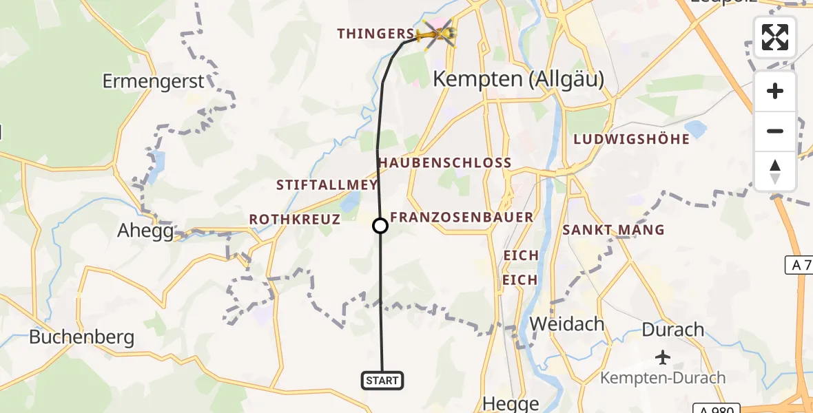 Flugroute Rettungshubschrauber Waltenhofen - Kempten (Allgäu), 28 April 2026, 10:50