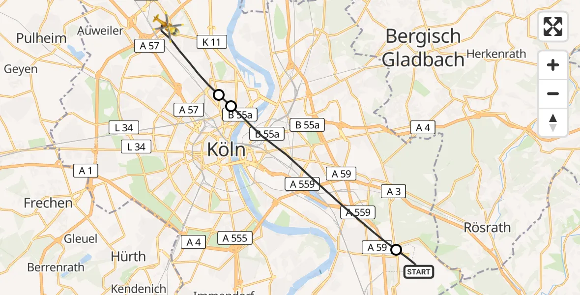 Flugroute Rettungshubschrauber Köln Bonn Flughafen - Köln, 28 April 2026, 10:55