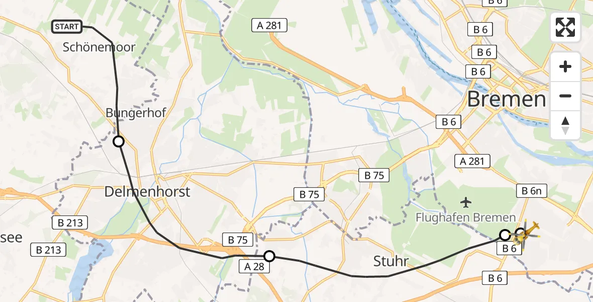 Flugroute Rettungshubschrauber Ganderkesee - ADAC Air Rescue Station Bremen Hubschrauberlandeplatz (Christoph 6), 28 April 2026, 11:02