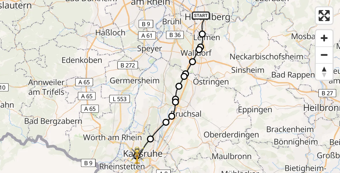 Flugroute Rettungshubschrauber Heidelberg - Sankt Vincentius Hospital, 28 April 2026, 11:07