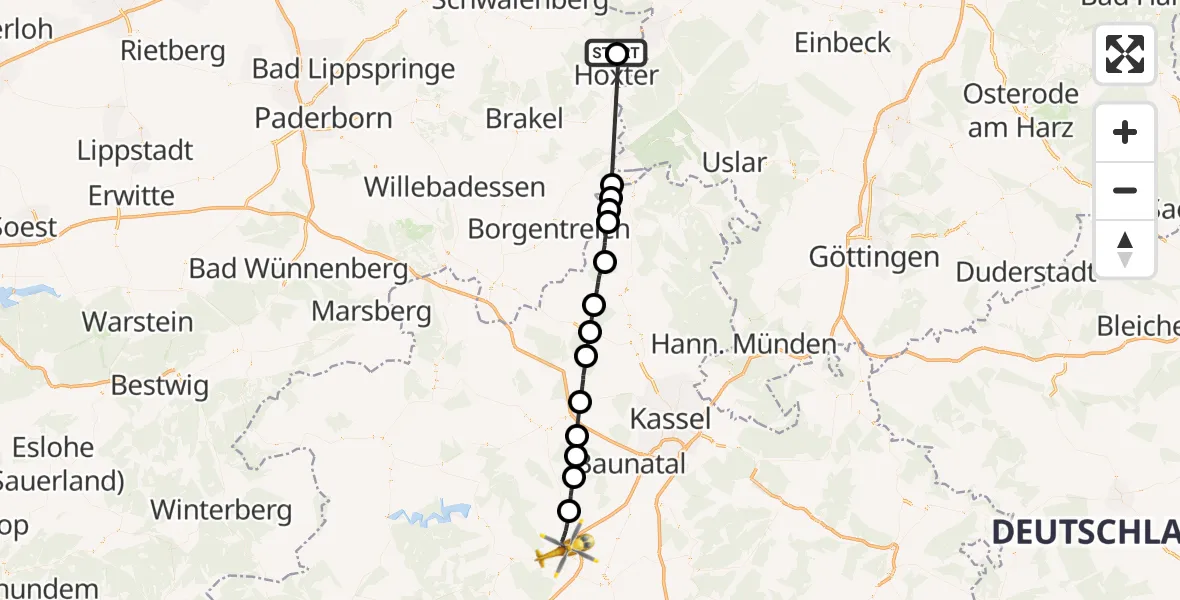 Flugroute Ambulanzhubschrauber Höxter-Holzminden Flugplatz - Fritzlar, 28 April 2026, 11:08