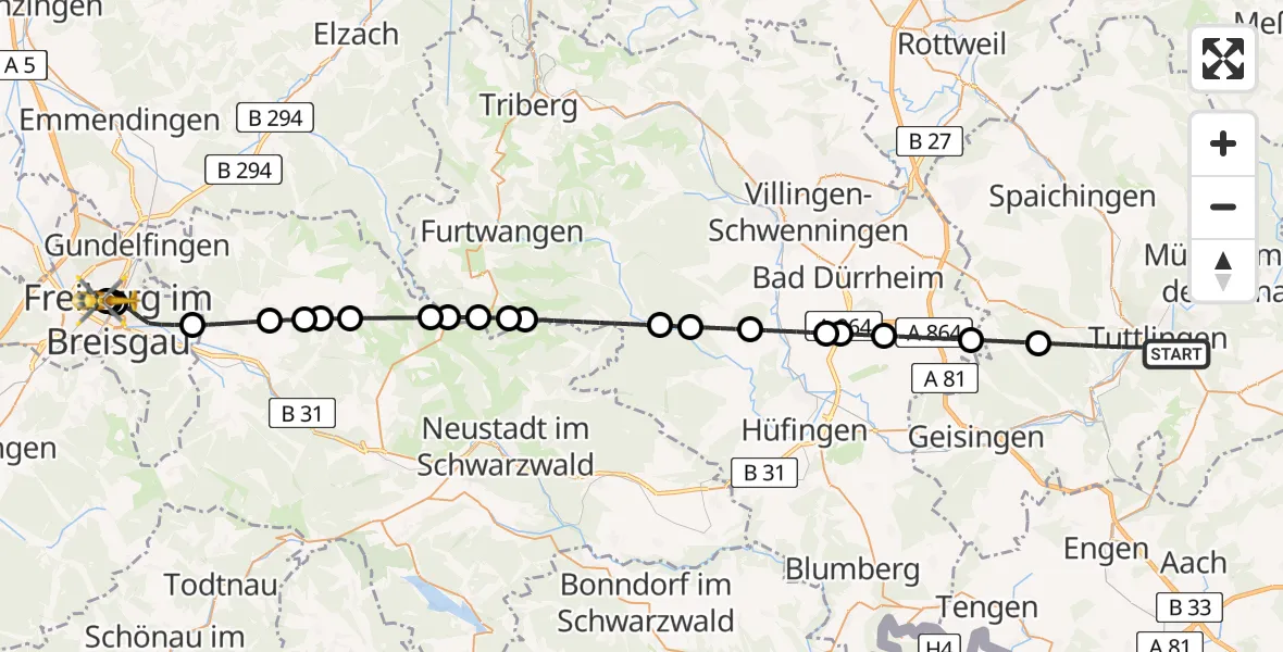 Flugroute Rettungshubschrauber Tuttlingen - Freiburg University Hospital Heliport 1, 28 April 2026, 11:09