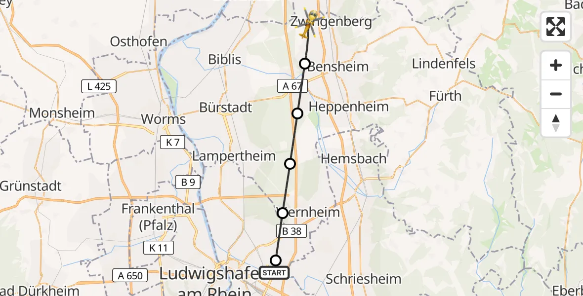 Flugroute Rettungshubschrauber Mannheim-City Flughafen - Zwingenberg, 28 April 2026, 11:23