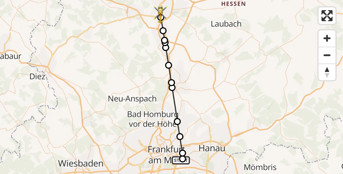 Flugroute Rettungshubschrauber Sana Hospital Offenbach - Gießen, 28 April 2026, 11:24
